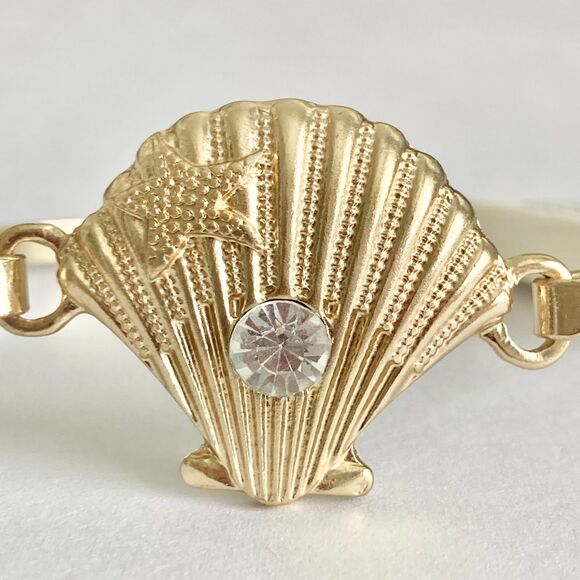 Scallop Sea Shell Bracelet Bangle Nautical Island Beach 7.5" Gold Plated Crystal - Picture 11 of 13